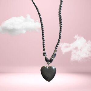 Hematite Heart Pendant Beaded Necklace 18"
